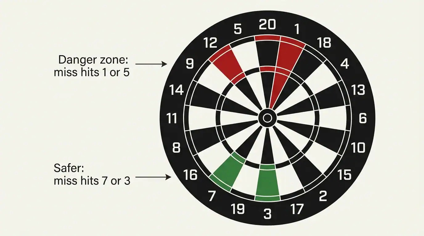 Dartboard diagram showing T20 neighbours 1 and 5 in red vs T19 neighbours 3 and 7 in green