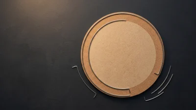 Circular cork dartboard blank viewed from above with partial stainless steel wire ring fitted on charcoal surface