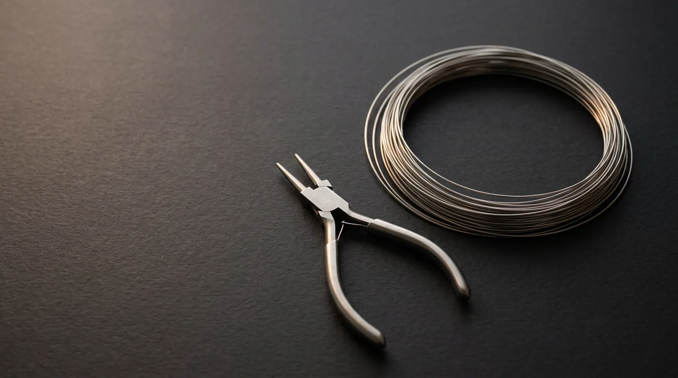 Stainless steel wire coil and round-nose pliers for making a DIY dartboard on charcoal surface