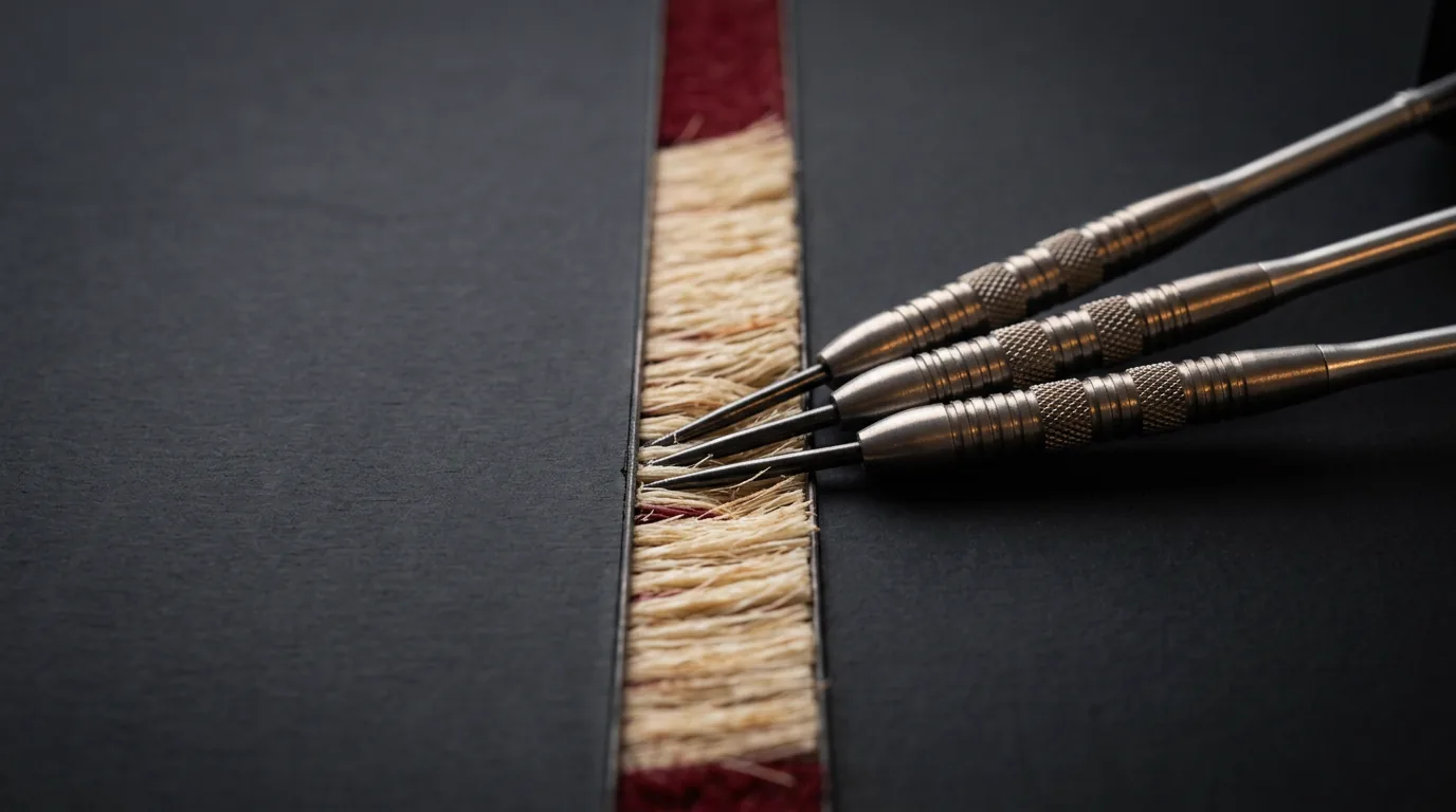 Three darts clustered tightly in a narrow doubles ring sisal band — the 8mm target made visible