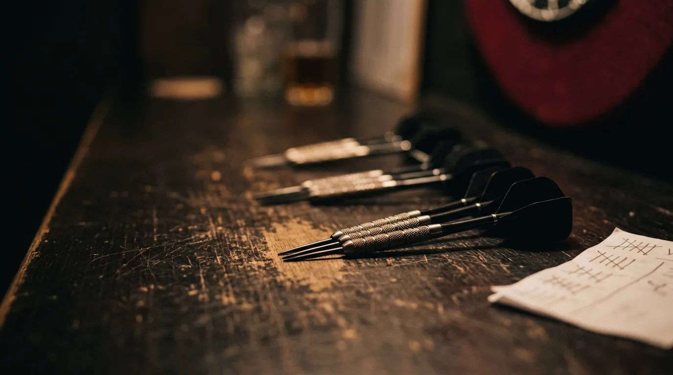 Three sets of darts on a worn practice surface next to a scoring tally sheet — deliberate doubles practice