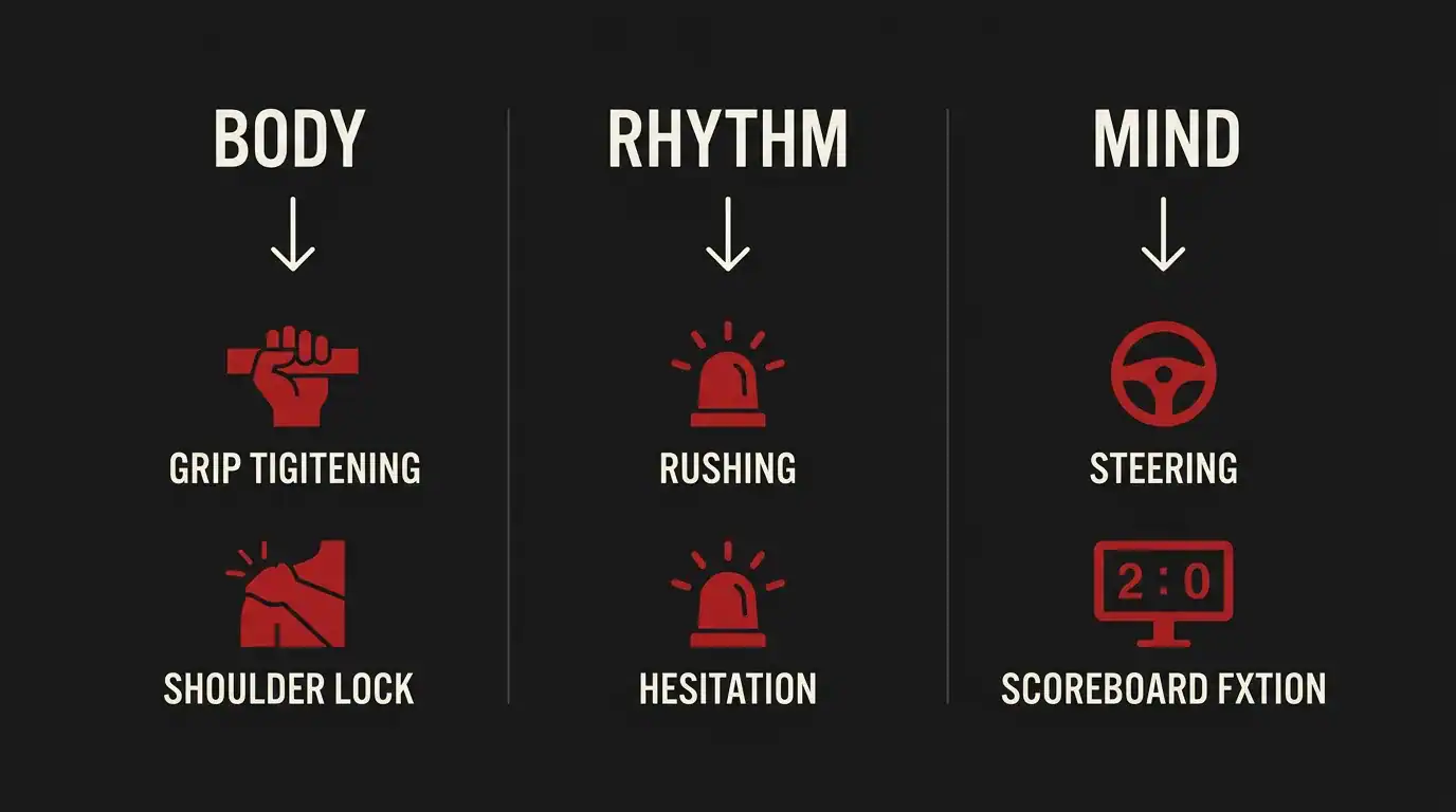 Diagram showing the three pathways pressure disrupts darts performance: body tension, rhythm disruption, and mental interference