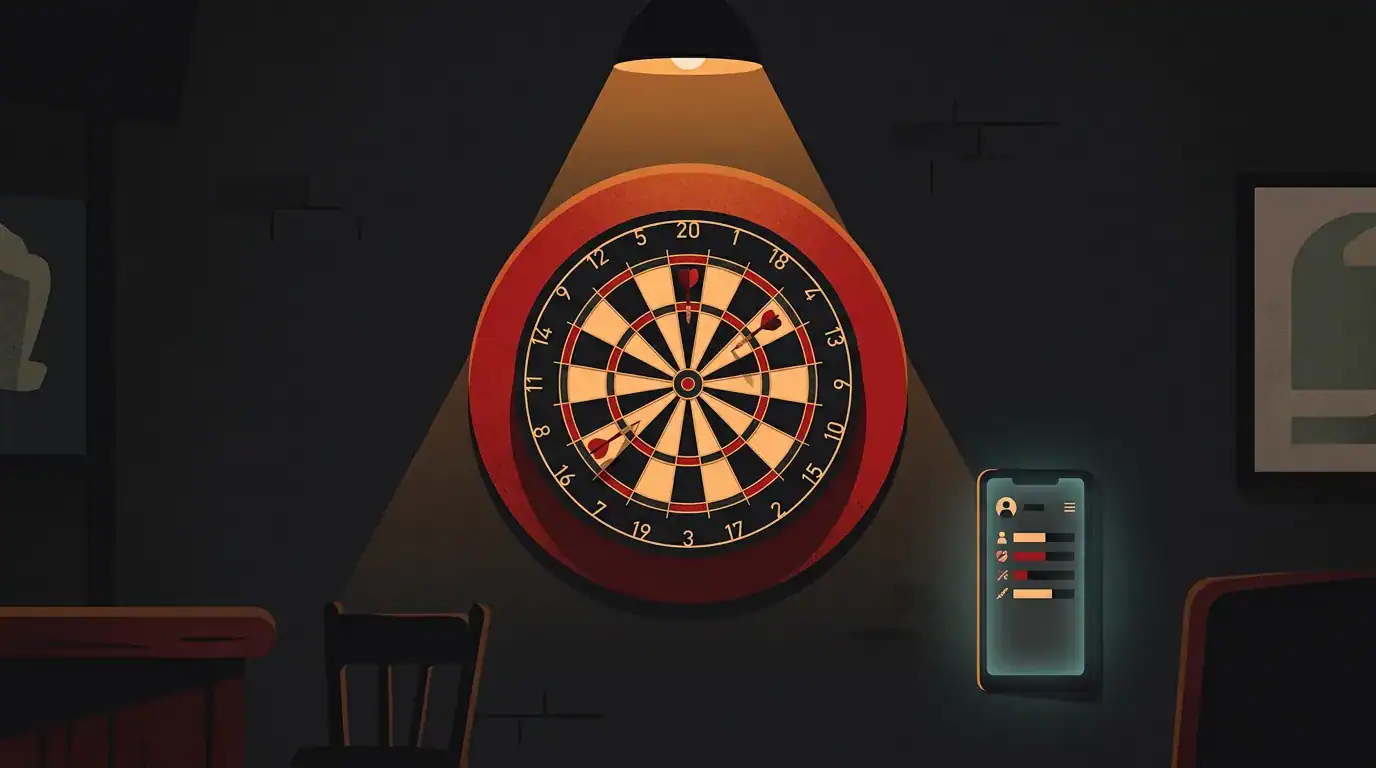 Darts practice setup with pressure consequence tracking, scoreboard showing stakes in training environment