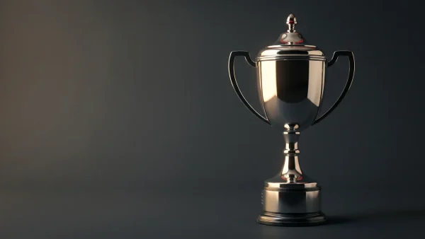 Gleaming silver PDC tournament trophy on dark surface under dramatic spotlight