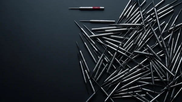 Dozens of tungsten darts piled on dark surface with one crimson-ringed dart standing apart — PDC Players Championship