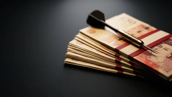 Sterling banknotes with tungsten dart representing PDC prize money rankings system