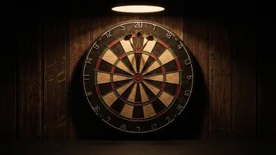 Dartboard under warm pendant light with three darts in treble 20 representing PDC World Championship history
