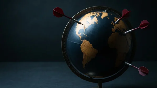 Globe with tungsten darts embedded at world cities representing PDC World Series of Darts global circuit