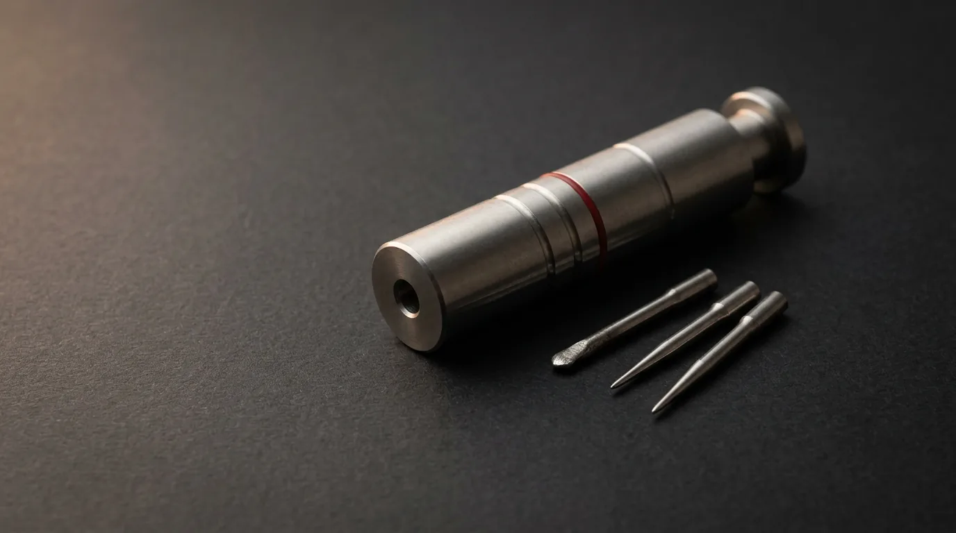 Dart repointing tool with replacement steel tips on charcoal surface