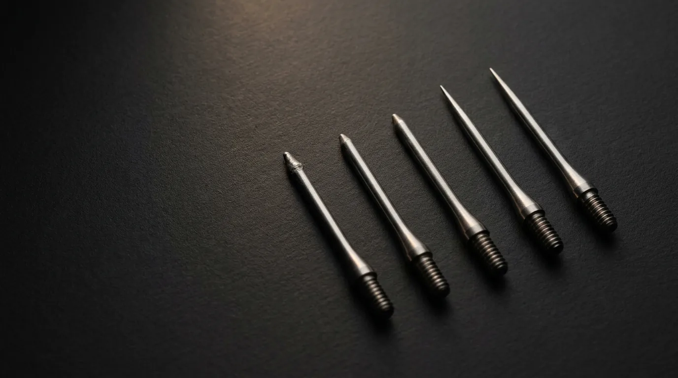 Five steel dart replacement tips showing varying wear states from sharp to mushroomed on charcoal surface
