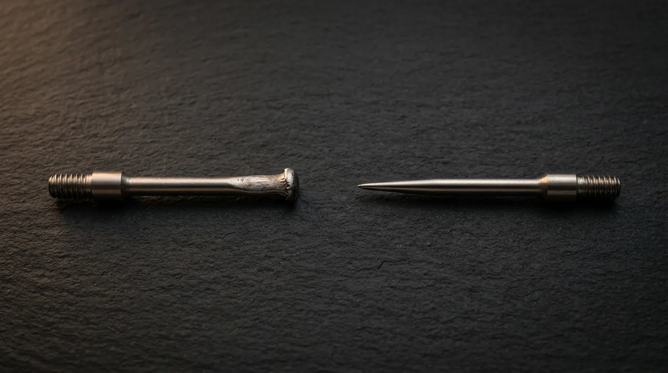 Two dart steel tips in close-up - left tip mushroomed and worn flat, right tip with fine sharp point