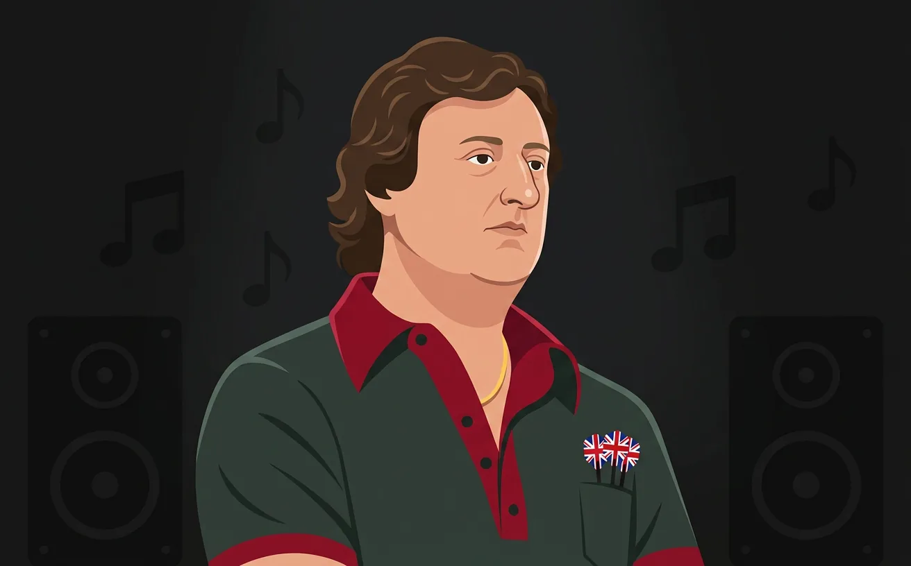 Stylised editorial illustration of darts legend Eric Bristow, the most documented dartitis case