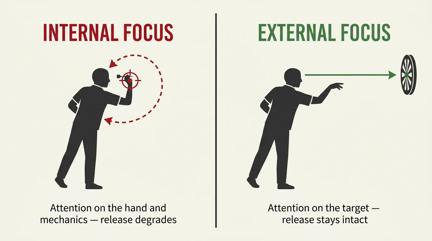 Diagram comparing internal focus on the throwing hand, which degrades the release, with external focus on the target, which keeps it intact