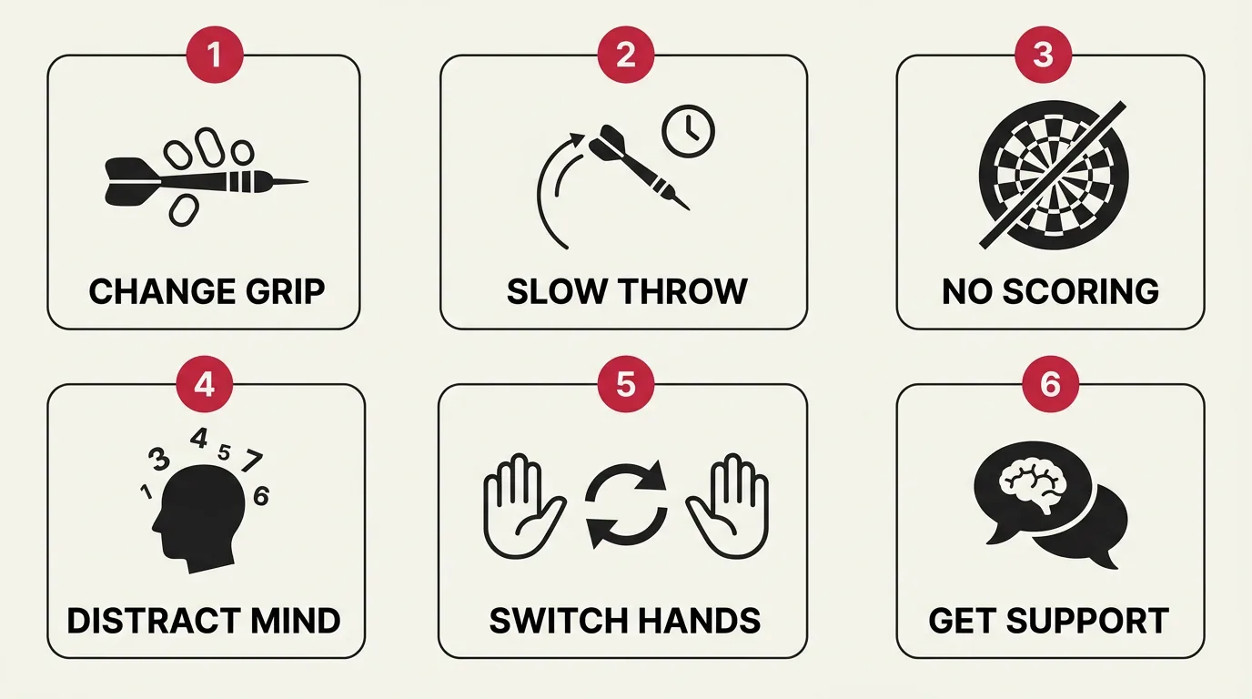 Six-tile illustrated breakdown of documented dartitis treatments: change grip, slow throw, practise without scoring, distract the mind, switch hands, and get psychological support