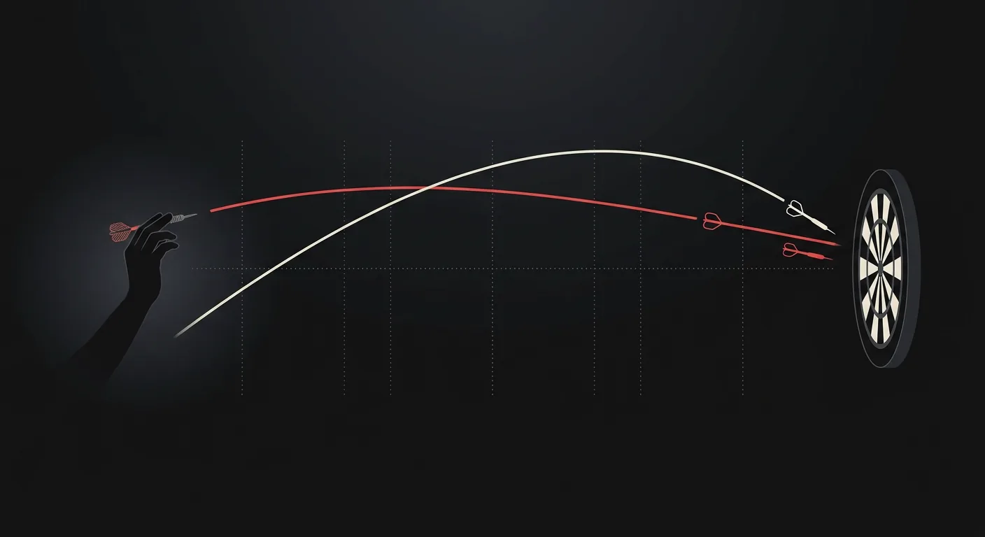Comparison of a flatter lighter-dart flight path and a higher-looping heavier-dart flight path to a dartboard