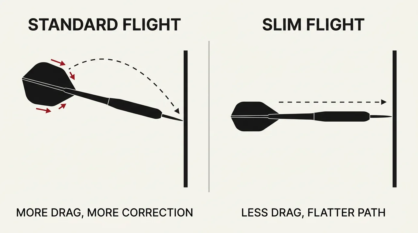 Diagram comparing a standard dart flight on a steep corrected arc with a slim flight on a flat direct path