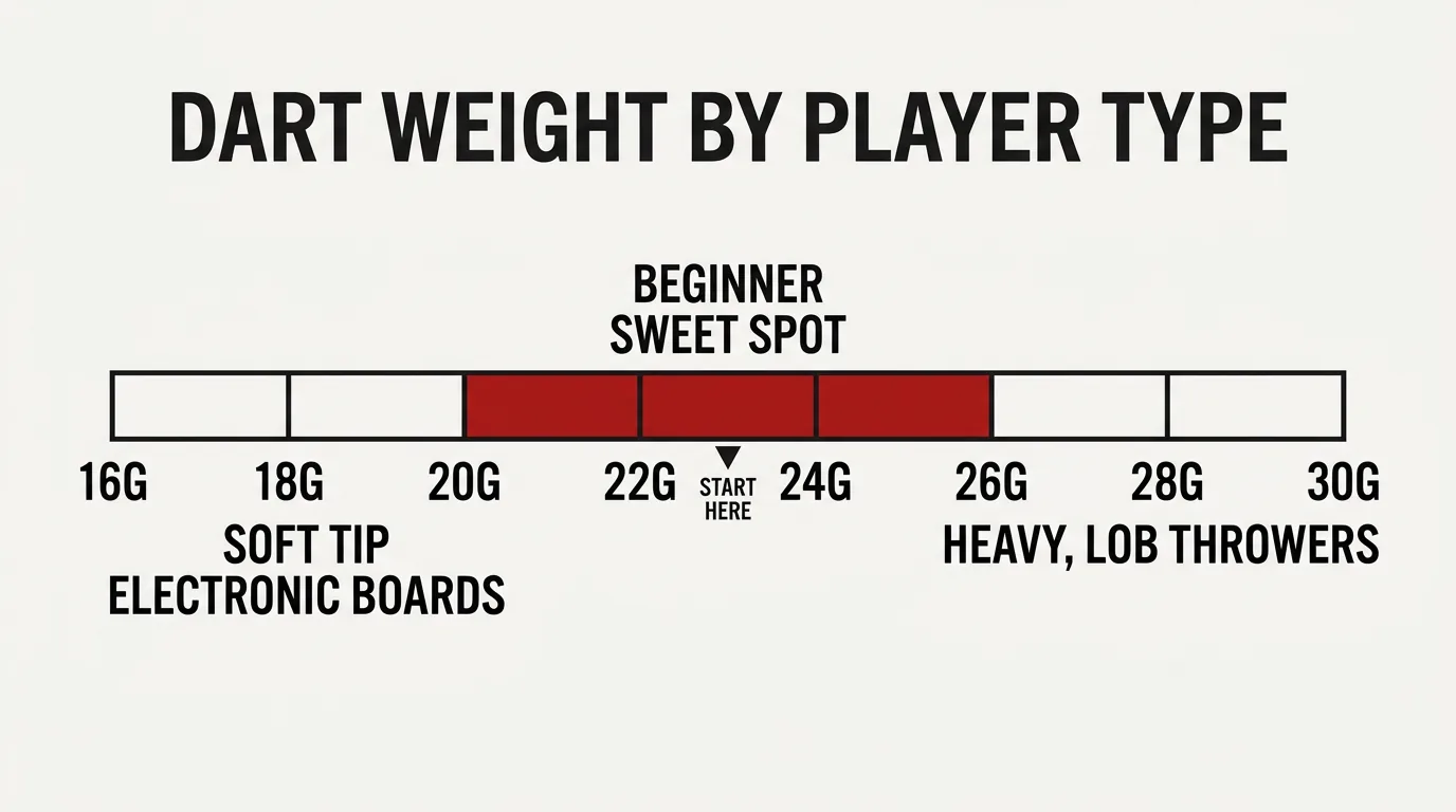 Weight scale infographic showing dart weight by player type, with the 22 to 24 gram beginner sweet spot highlighted and 23 grams marked as the starting point
