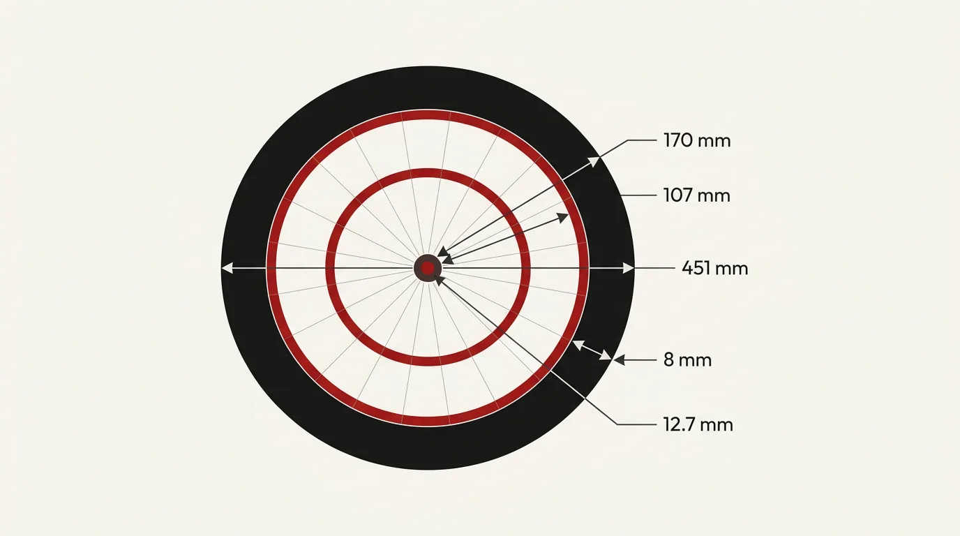 Front-view dartboard diagram labelling the 451mm diameter, 170mm and 107mm ring distances, 8mm ring width, and 12.7mm bullseye