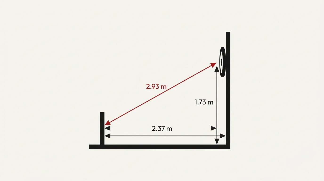 Side-profile setup diagram showing the 1.73m bullseye height, 2.37m oche distance, and 2.93m diagonal forming a right-angled triangle