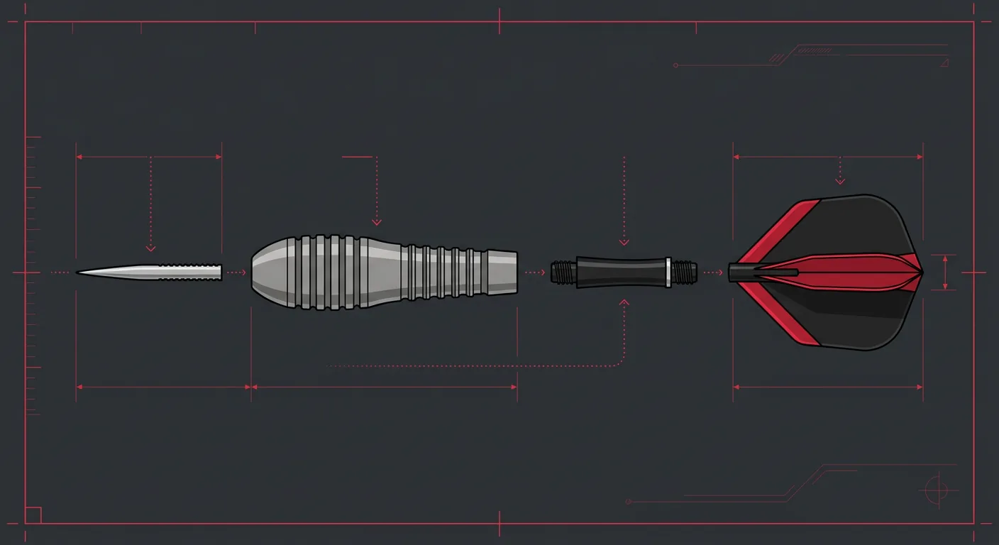 Exploded diagram of a front-weighted torpedo dart showing the point, wide tungsten barrel, short shaft, and flight