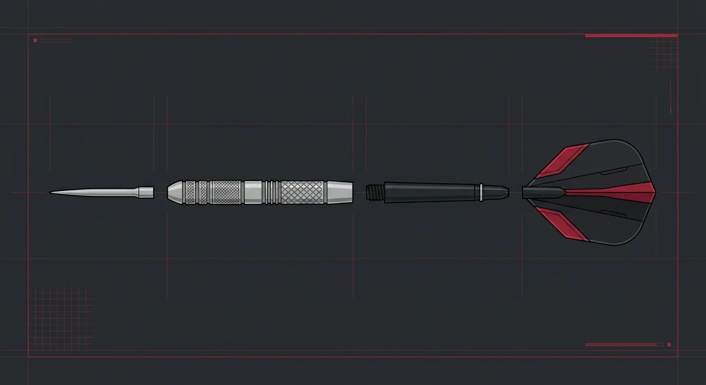 Exploded diagram of a steel-tip dart showing the point, tungsten barrel, shaft, and flight components