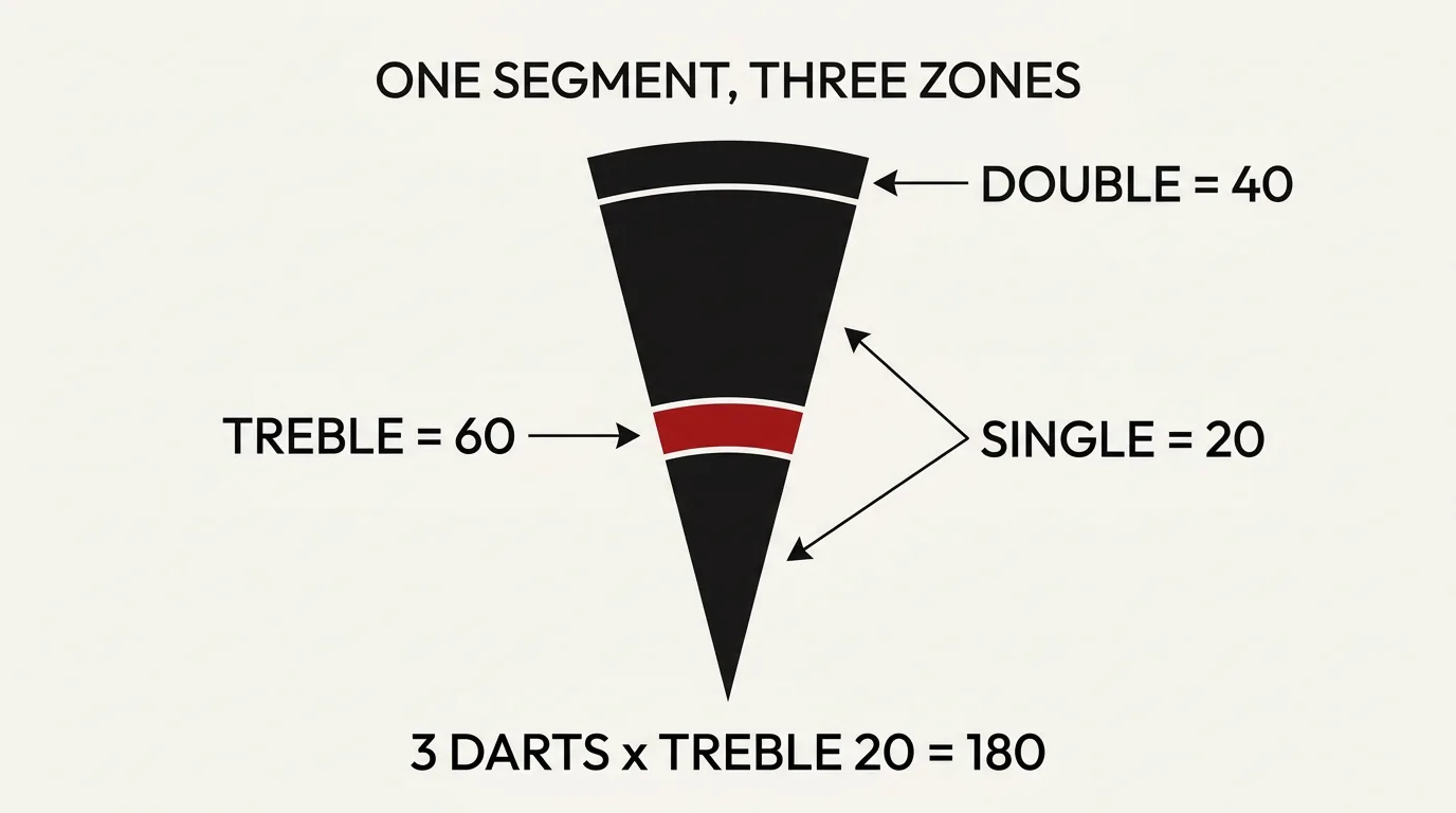Flat diagram of a single dartboard segment showing the single, treble, and double scoring zones with their point values